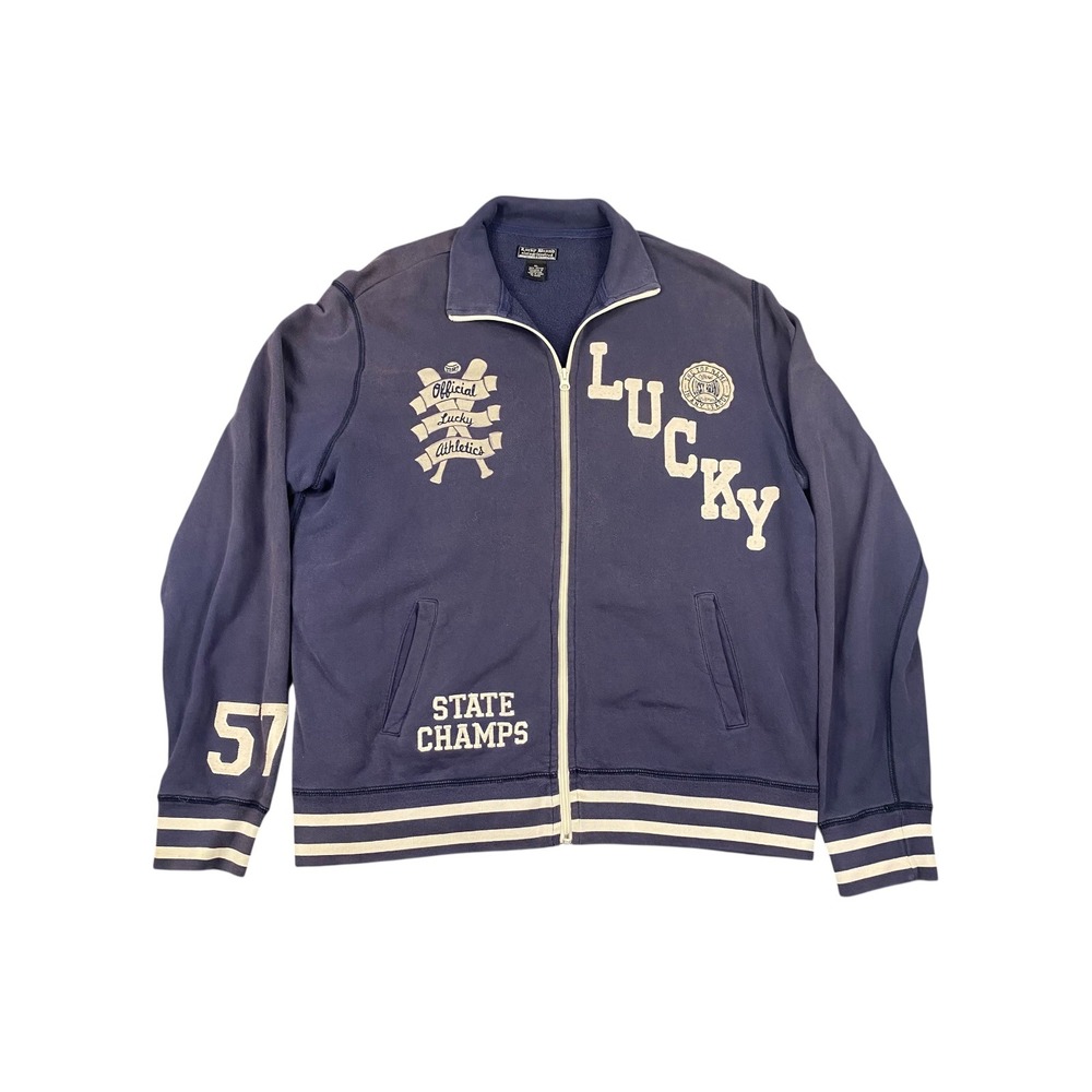 Lucky Brand Vintage Inspired Track Jacket Navy Blue State Champs Athletic XL